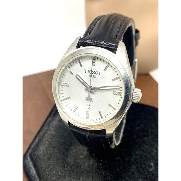 Tissot Women's Watch PR100 Swiss Quartz Diamond Silver Dial Black Leather 33mm - Picture 1 of 13